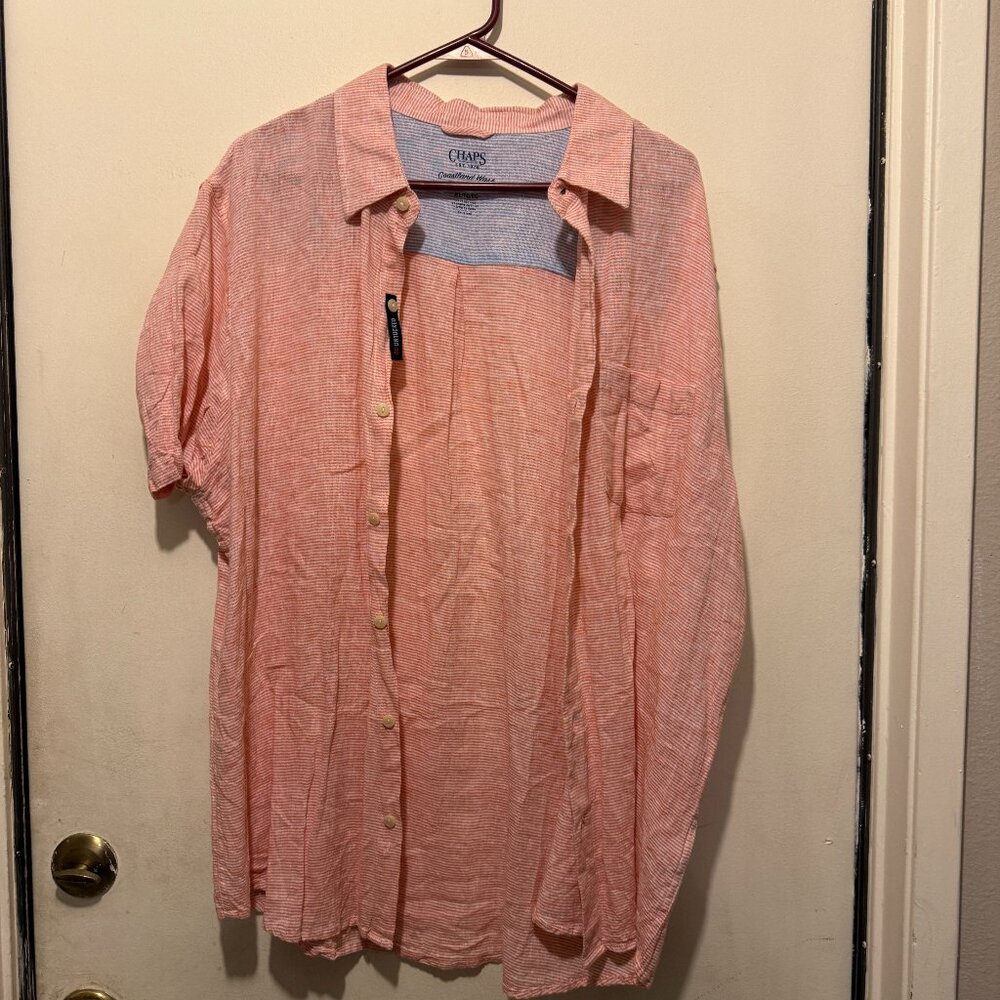 Chaps Coastland Wash Linen Blend NWOT XL Orange/White Striped Button Up (138)